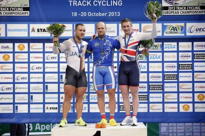 The men's sprint podium, with Denis Dmitriev taking centre stage and the blue European champion's jersey