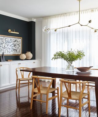 Dark wooden table and floor, white cabinets