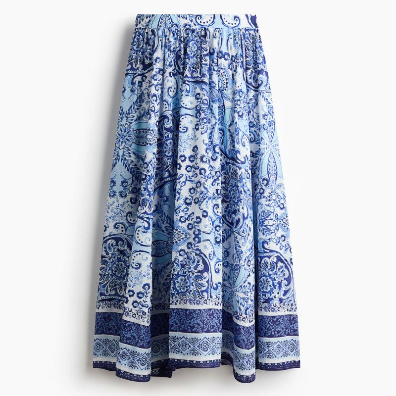 blue and white paisley a-line skirt
