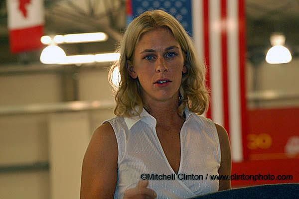 Sarah Hammer talks to the attendees about what the "American Women's Track Cycling Fund" means to her
