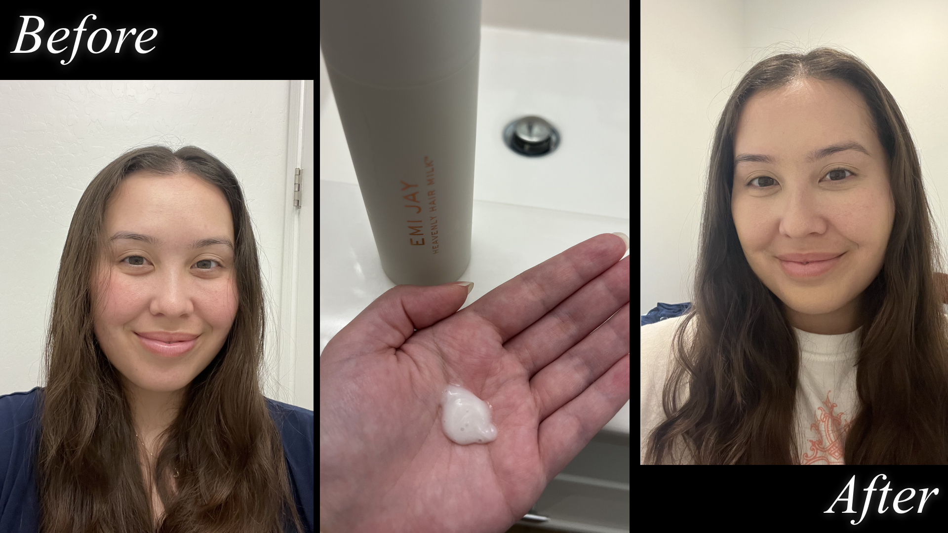 catharine malzahn before and after testing emi jay heavenly hair milk, plus product texture