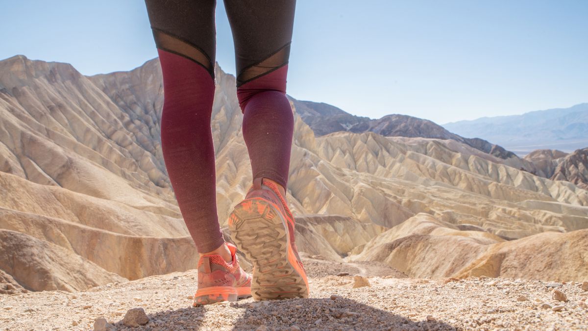 A hiker in a desert landscape