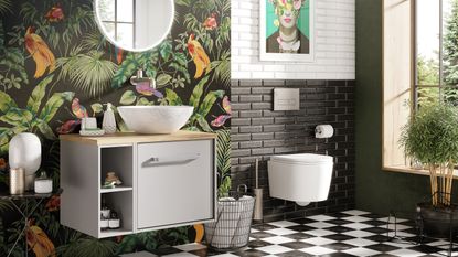 Green bathroom design with printed wallpaper and checkered floor tiles