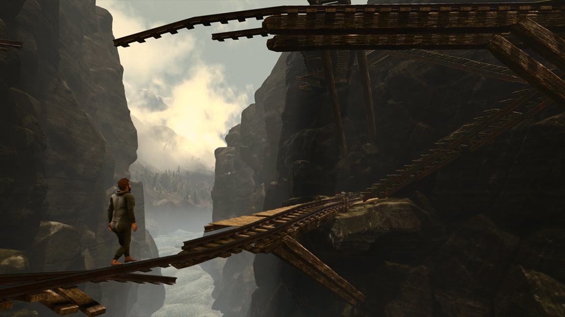 Baby Steps PS5 game; a man walks across a log