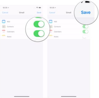 Accounts in the Settings app on iPhone showing the steps to Flip correct switches, tap Save