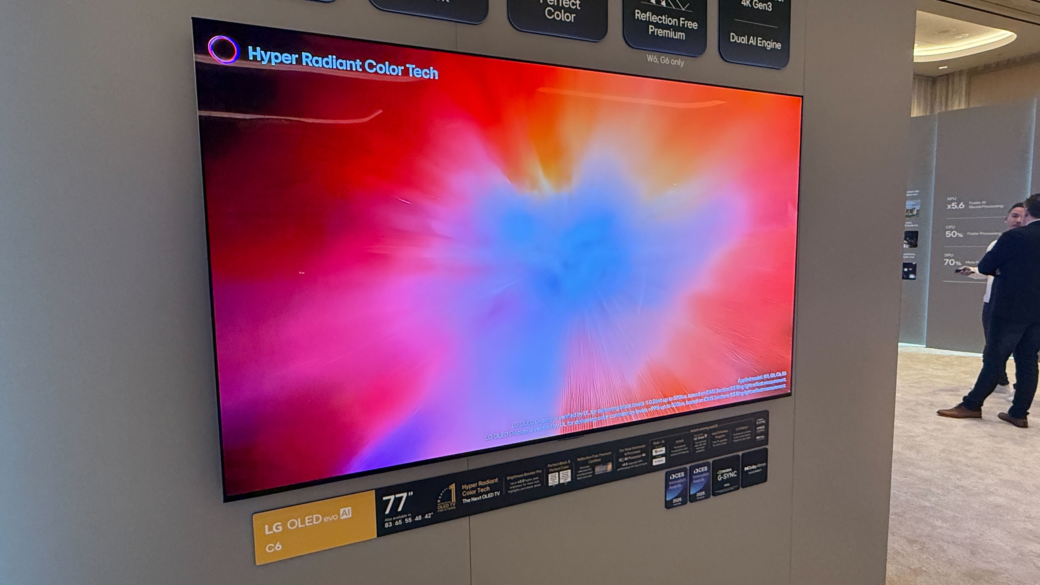 A wall mounted LG C6 OLED TV at LG's CES 2026 booth