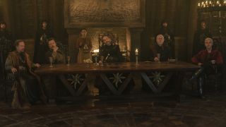 Baelor, Maekar, and Aerion Targaryen seated at a table in A Knight of the Seven Kingdoms Season 1x04