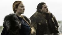 Sophie Turner and Kit Harington as Sansa Stark and Jon Snow in Game of Thrones