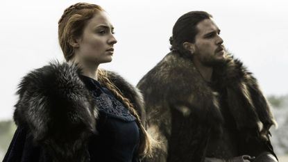 Sophie Turner and Kit Harington as Sansa Stark and Jon Snow in Game of Thrones