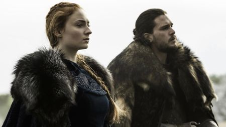 Sophie Turner and Kit Harington as Sansa Stark and Jon Snow in Game of Thrones
