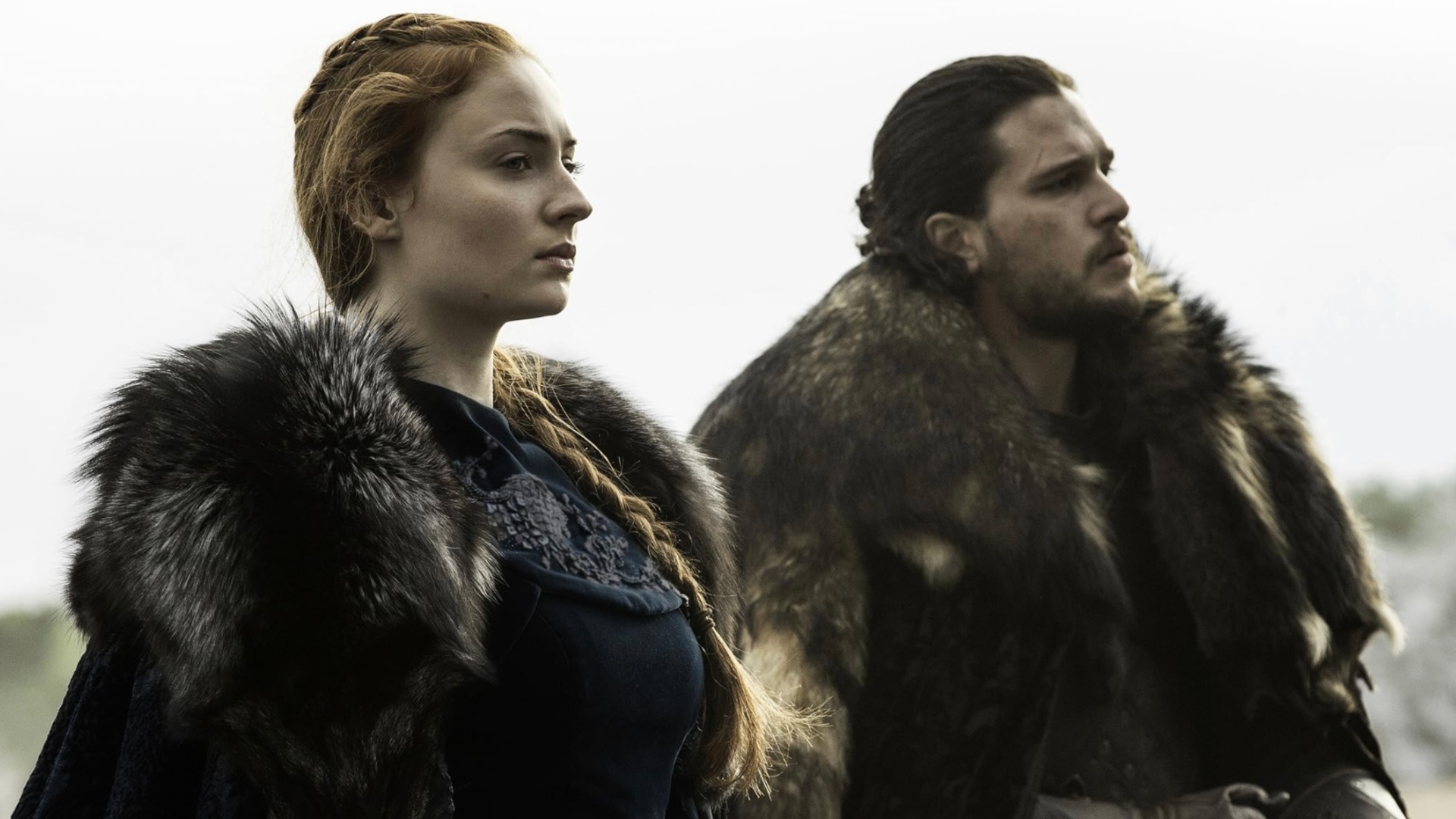 Sophie Turner and Kit Harington as Sansa Stark and Jon Snow in Game of Thrones
