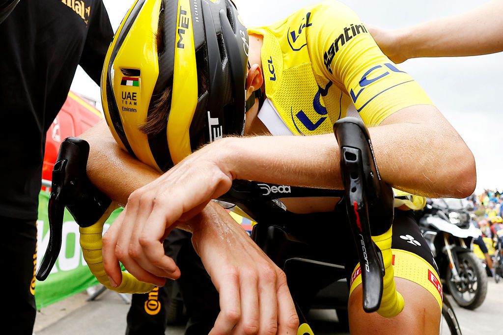 SERRE CHEVALIER FRANCE JULY 13 Tadej Pogacar of Slovenia and UAE Team Emirates Yellow Leader Jersey reacts after the 109th Tour de France 2022 Stage 11 a 1517km stage from Albertville to Col de Granon Serre Chevalier 2404m TDF2022 WorldTour on July 13 2022 in Col de GranonSerre Chevalier France Photo by Christian Hartman PoolGetty Images