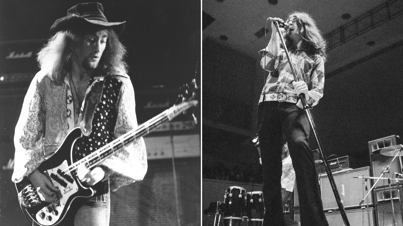 Deep Purple 1973 Roger Glover. Singer Ian Gillan and drummer Ian Paice performing with English rock group Deep Purple
