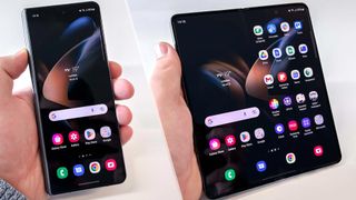 The Samsung Galaxy Z Fold 4 with mirrored home screens on the inner and outer displays