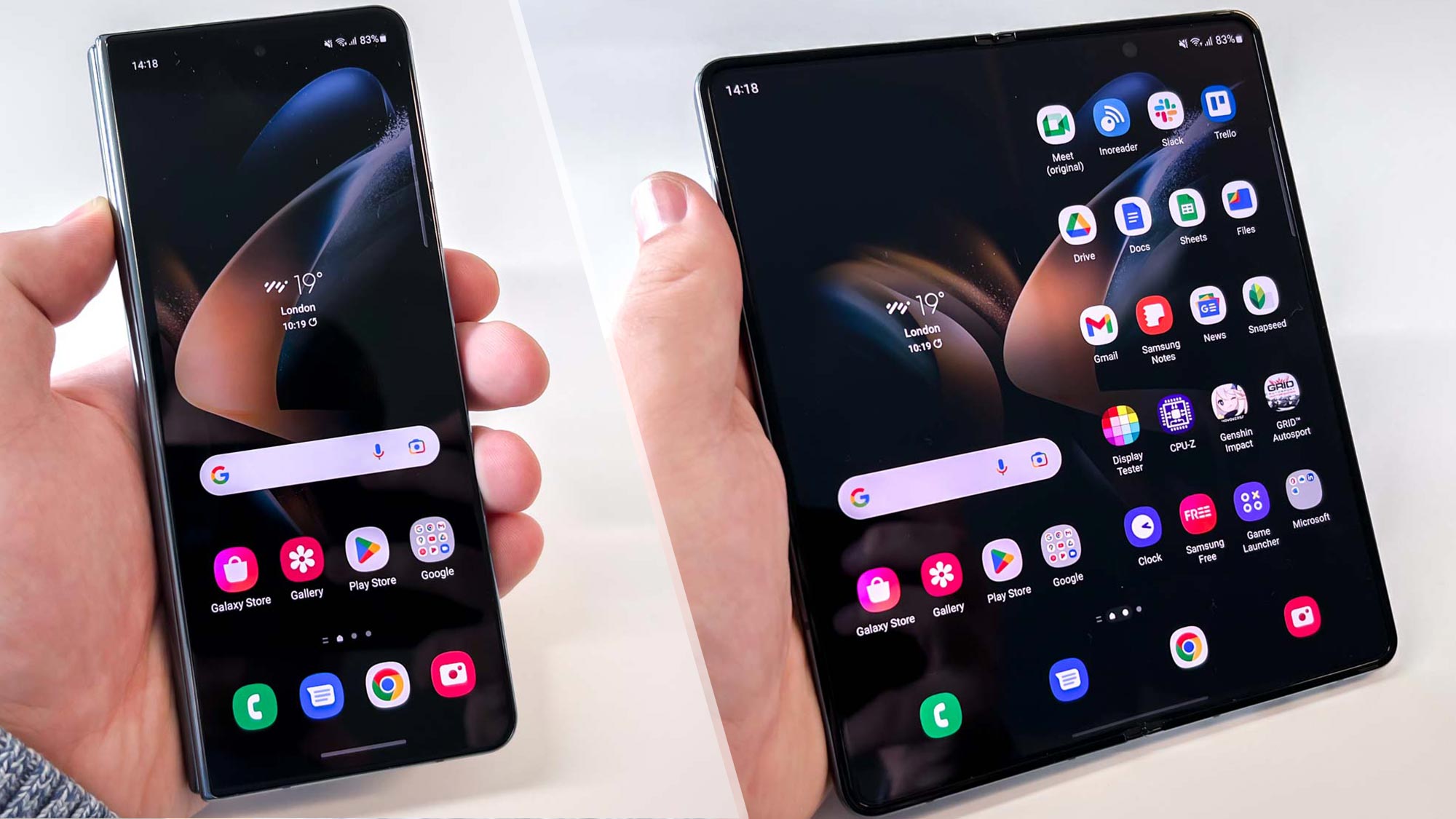 Le Samsung Galaxy Z Fold 4 avec des écrans d'accueil en miroir sur les écrans intérieur et extérieur