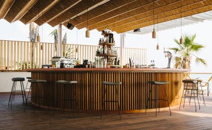 Bar area of Pazuzu Beach Club restaurant in Corfu