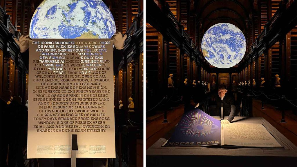 Man holding up text below a globe