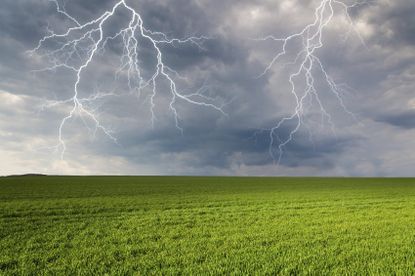 Sky Full Of Lightning Over Green Field