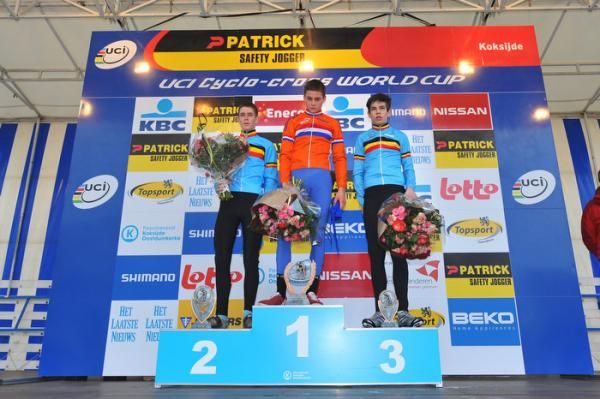 Junior men's podium: Daan Soete, Mathieu van der Poel, Wout Van Aert
