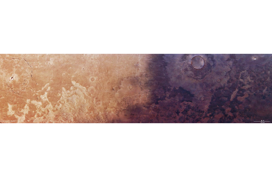 The wide strip of land in Utopia Planitia imaged by Mars Express. The dark volcanic material is on the right, while grabens can be seen on the left.