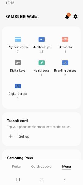 Samsung Wallet menu