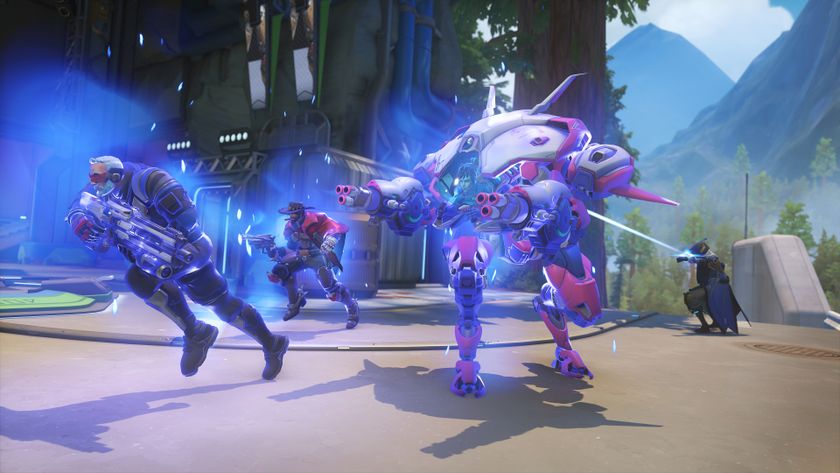 Screenshots of Overwatch 2 showing teams battling it out along with new perks and a Stadium game mode in action