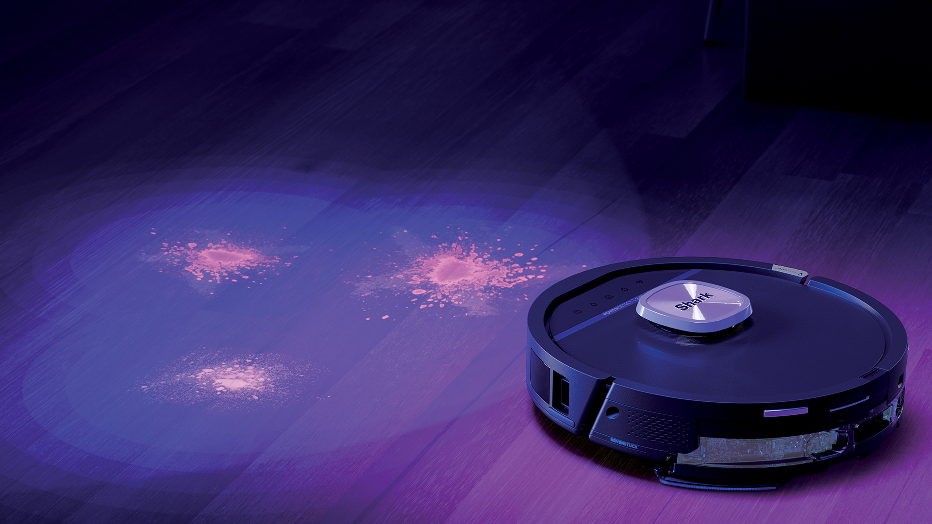 Graphic showing the Shark PowerDetect UV Reveal robot vacuum cleaning a room