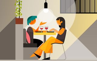 stylised sketch of two people sitting at a table