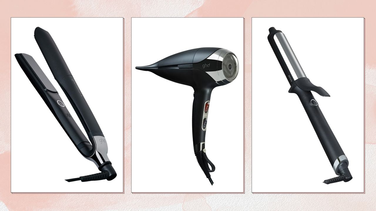 Collage of ghd hair tools (L-R) Platinum+, Helios hair dryer and Curve Soft Curl Tong, on a pink watercolour background