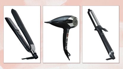 Collage of ghd hair tools (L-R) Platinum+, Helios hair dryer and Curve Soft Curl Tong, on a pink watercolour background