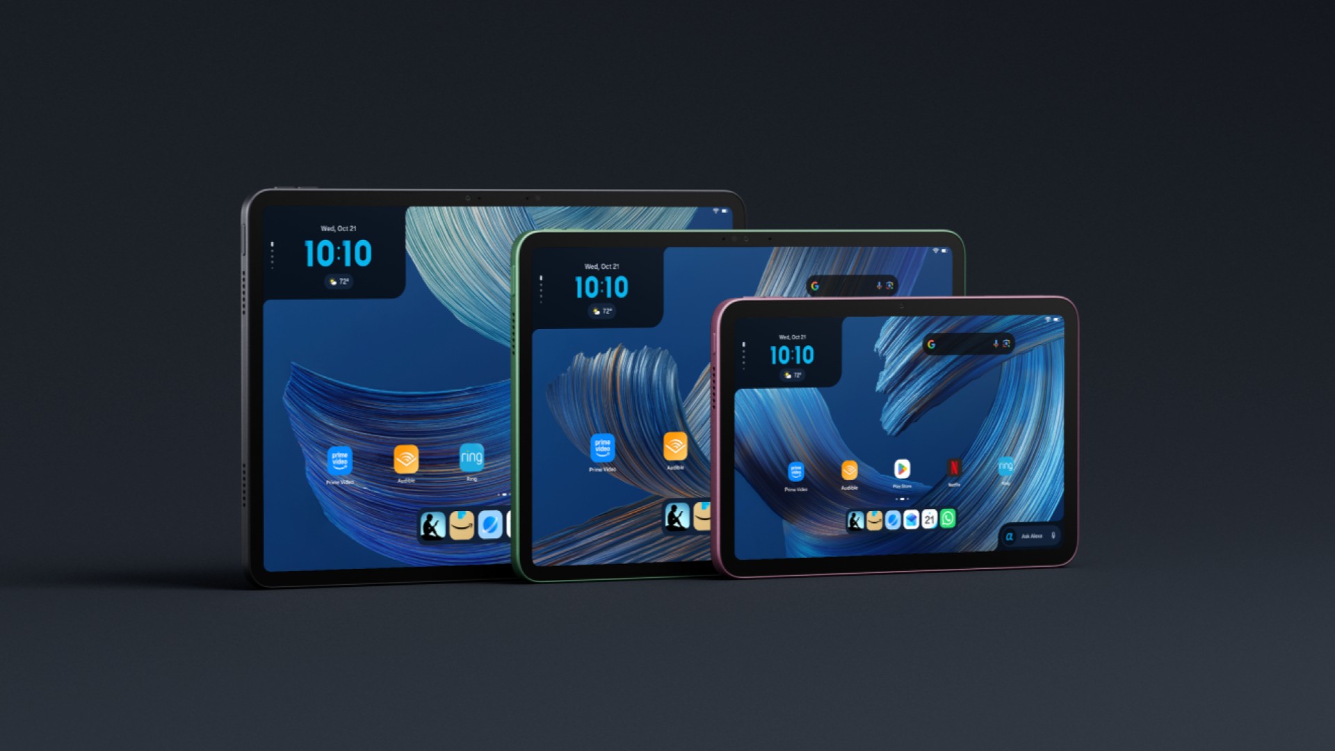 Three Amazon Alexa Tablets in a horizontal row on a gray background