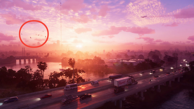 A highway in GTA 6. Birds fly through the sky.