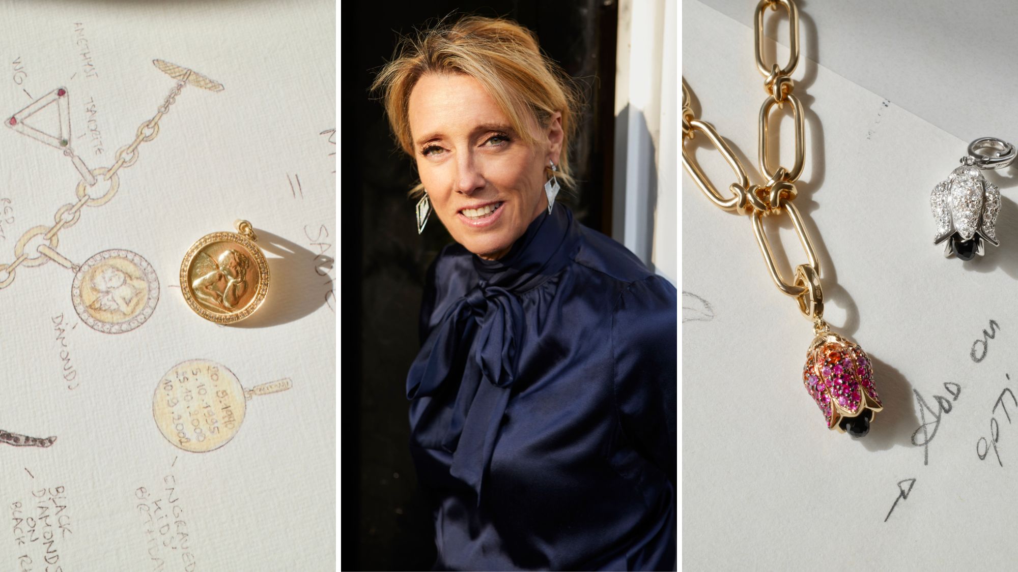 a collage of annoushka ducas and jewellery sketches