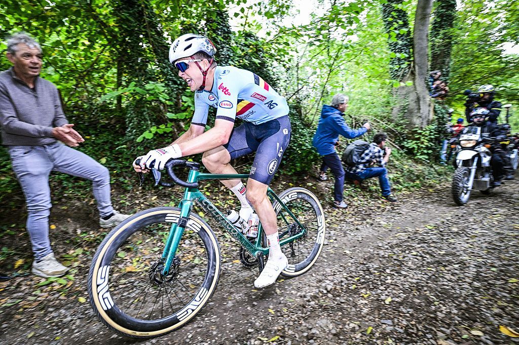 Belgian Florian Vermeersch pictured in action during the men elite race at the UCI World Gravel Championships, Sunday 12 October 2025, in Maastricht, The Netherlands. BELGA PHOTO DIRK WAEM (Photo by DIRK WAEM / BELGA MAG / Belga via AFP) (Photo by DIRK WAEM/BELGA MAG/AFP via Getty Images)