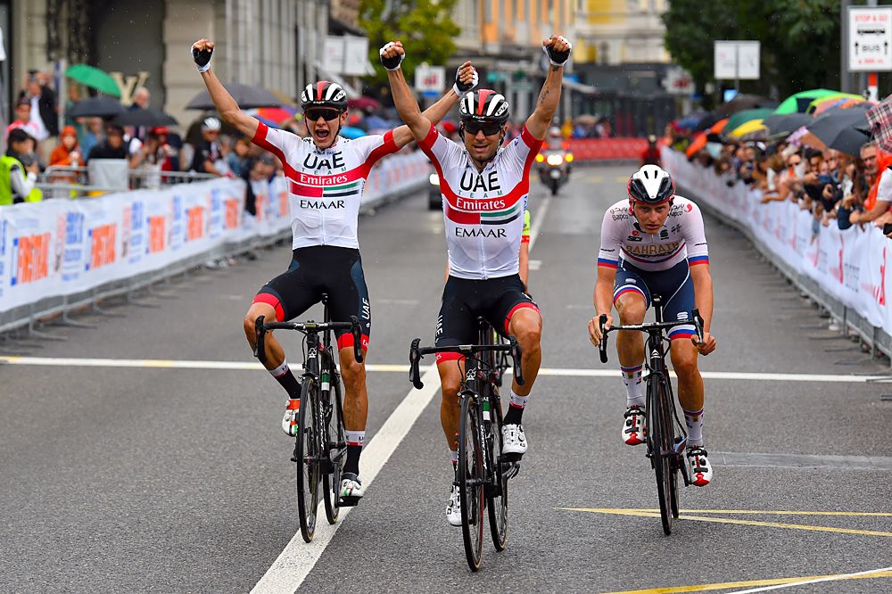 Diego Ulissi and Alexandr Riabushenko of UAE Team Emirates go 1-2 at Gran Premio Citta di Lugano