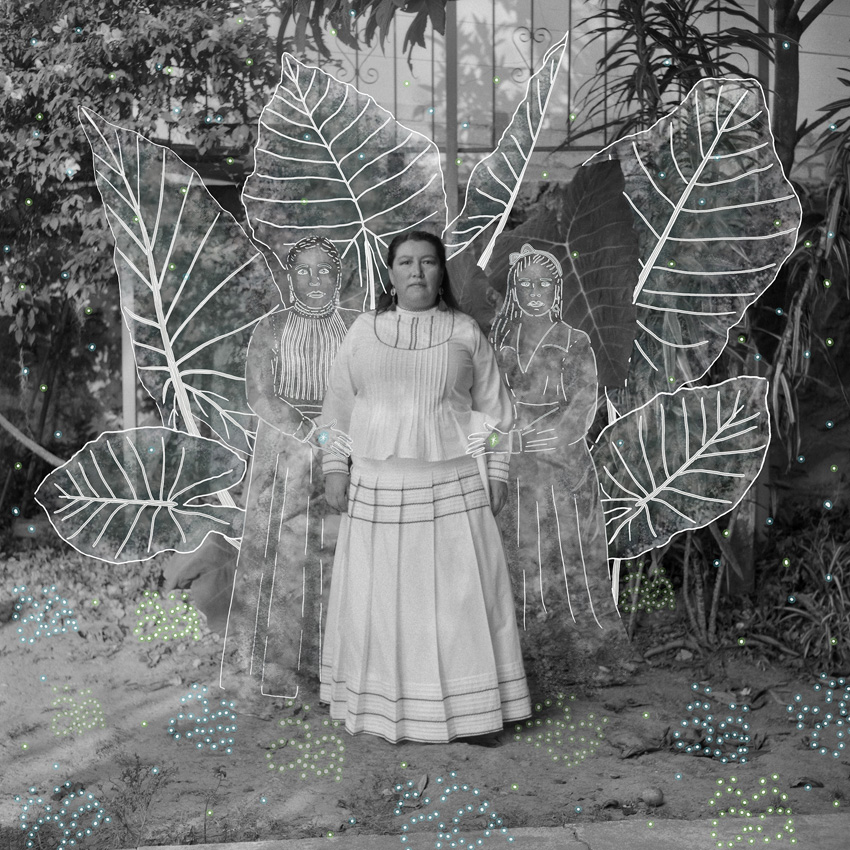 Black-and-white photo of a woman in traditional skirt with translucent, hand-drawn female figures and large leaves behind her