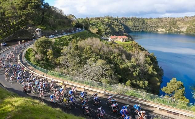 The peloton passes Mt Gambier's Blue Lake