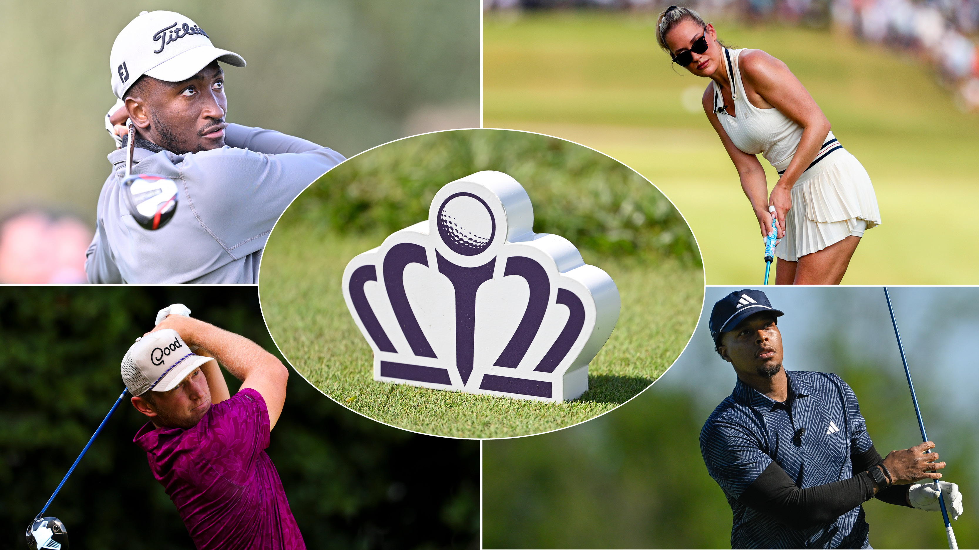 Four golfers hitting shots and the Truist Championship logo