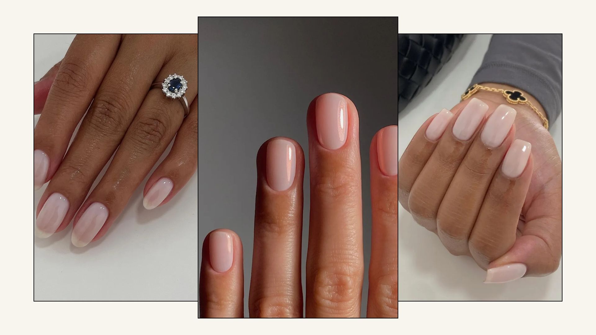 A collage of Iridescent milky manicures