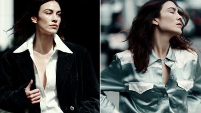 a split collage of Alexa Chung wearing pieces from her new Madewell collaboration drop