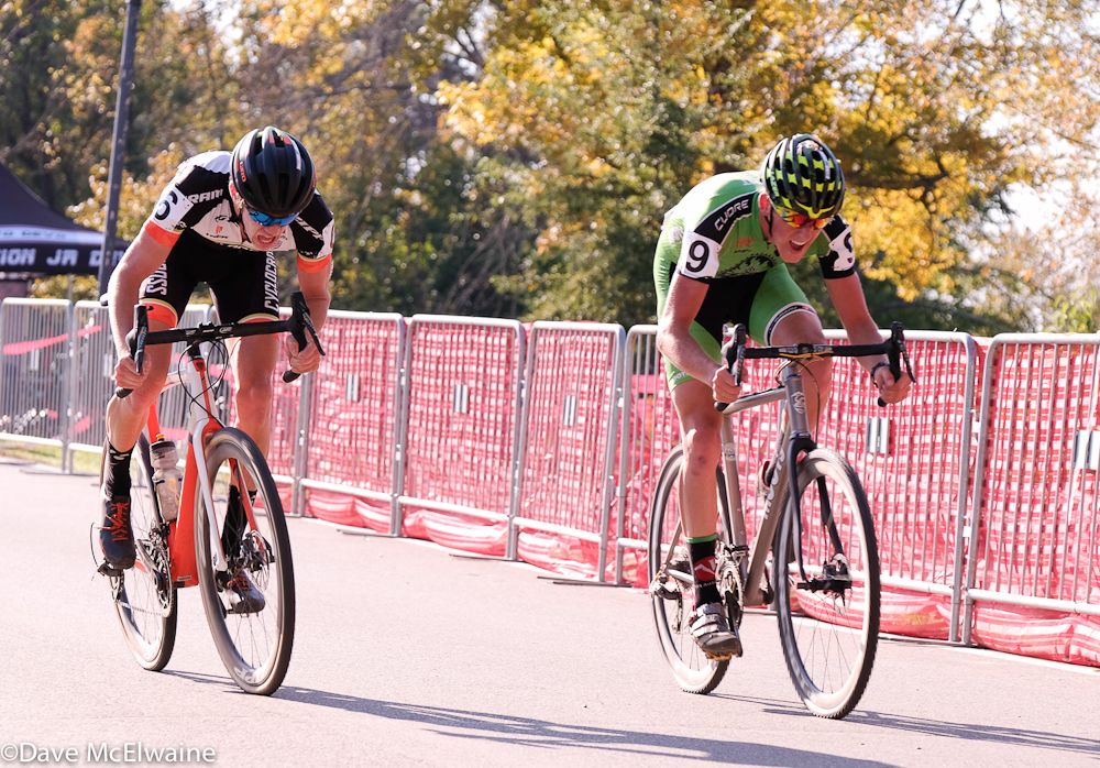 Gage Hecht (Alpha Bicycle) taking second place over Spencer Petrov