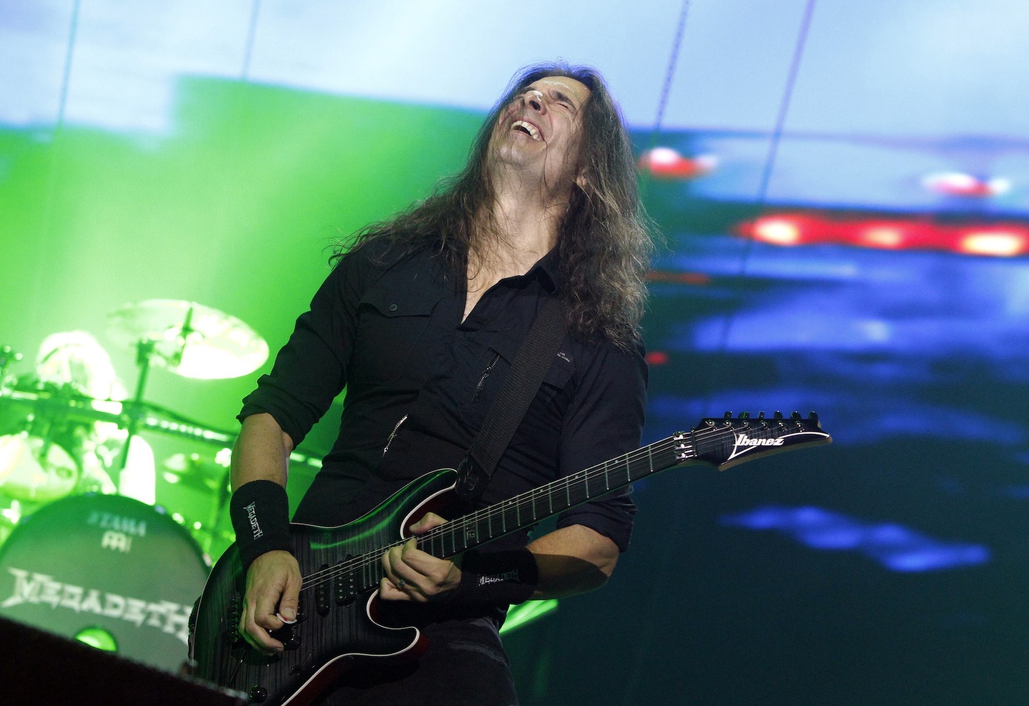 Kiko Loureiro performs onstage with Megadeth at the O2 Arena in London on June 16, 2018