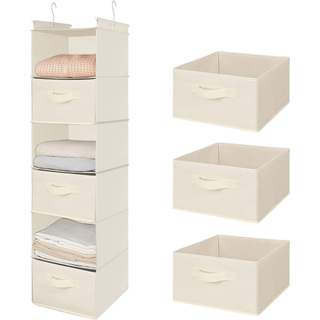 A 6-tier beige closet organizer with 3 drawers