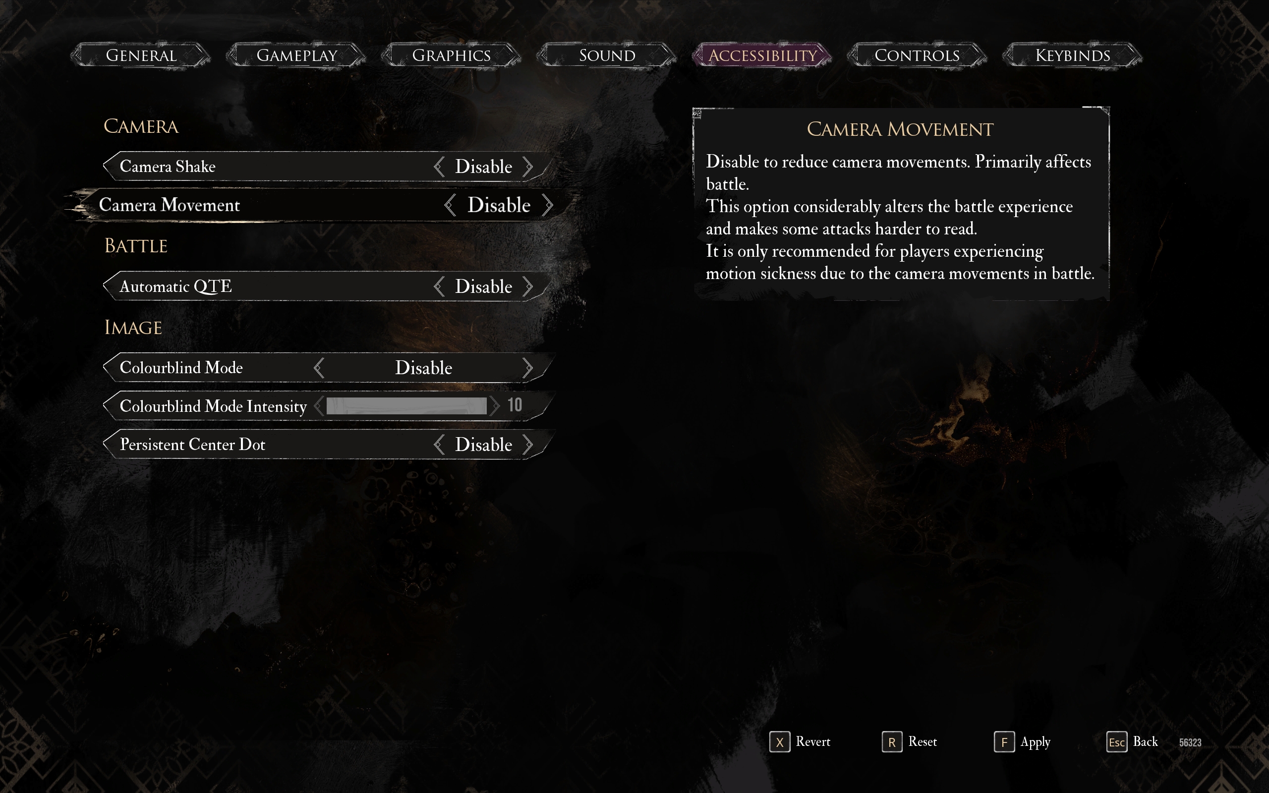 Clair Obscur's accessibility settings menu