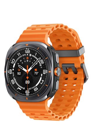 Samsung Galaxy Watch Ultra on an orange rubber strap