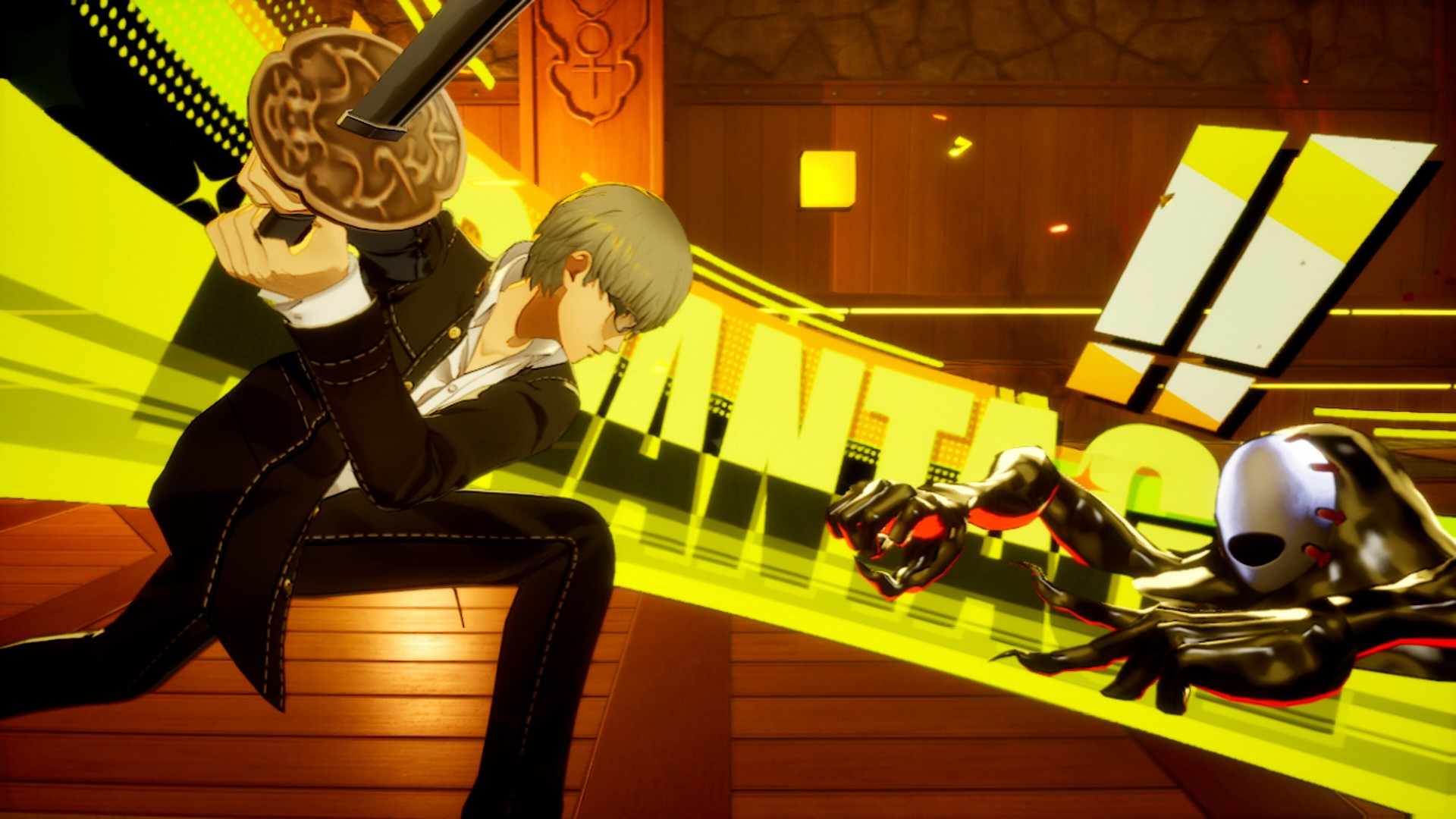 The hero gets an 'Advantage' critical hit with a sword strike against a shadow enemy in Persona 4 Revival