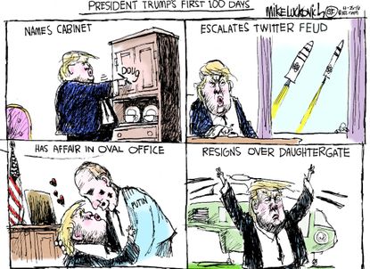 Political cartoon U.S. 2016 election Donald Trump first 100 days as president