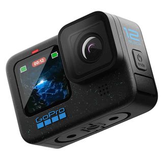 GoPro Hero12 Black action camera on white background, front angle view showing front LCD screen and lens