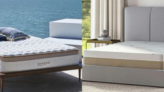 The Saatva Loom & Leaf Mattress on a bed frame (left) and the Saatva Contour5 Mattress on a bed frame (right)