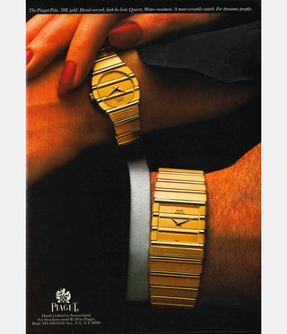 Archive advert, showing men's and women's gold watches on wrists